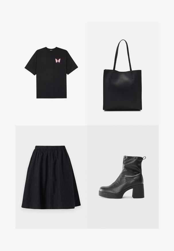 Black cotton t-shirt with short sleeves, featuring a small pink butterfly graphic on the left chest. Crew neck design with a relaxed fit.; Black knee-length skirt with an elastic waistband, featuring a subtle grid pattern and a smooth texture. It has a flowy design.; Black ankle boots made of smooth leather, featuring a side zipper, chunky textured heel, and rounded toe design.; Black leather tote bag with smooth texture, rectangular shape, and two long handles. No visible hardware or embellishments.