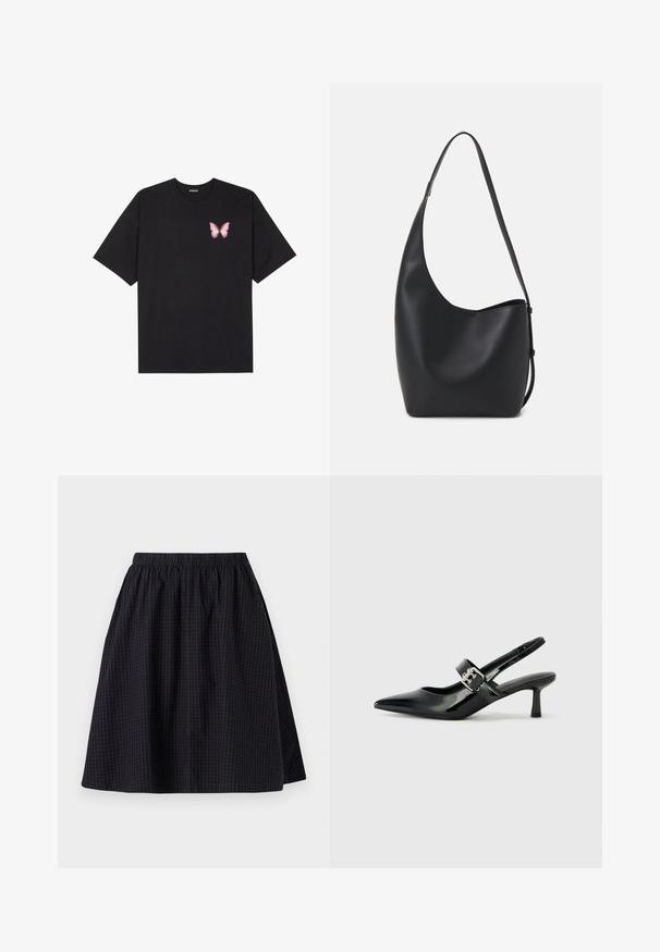 Čierne bavlnené tričko s krátkymi rukávmi, s malým ružovým motýlikom na ľavej hrudi. Design s okrúhlym výstrihom a uvoľneným strihom.; Čierna sukňa do dĺžky kolien s elastickým pásom, s jemnou mriežkovanou vzorom a hladkým povrchom. Má voľný strih.; Čierne patentové kožené sandále na podpätku so špicatou špičkou a malým blokovým podpätkom, s dekoratívnou striebornou sponou na remienku.; Čierna kožená hobo taška so hladkou textúrou, zakriveným tvarom a jedným nastaviteľným popruhom; má široké otvorenie na vrchu.