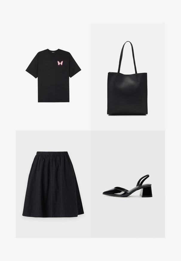 Must muströöpidega must puuvillane T-särk, vasakul rinnal on väike roosa liblikas. Ümar kaelus ja vabalt istuv lõige.; Mustmust pikkusega seelik elastse vöökohtuga, millel on peen ruuduline muster ja sile tekstuur. Sellel on voolav disain.; Mustad musta lakknahk kingad, millel on terav varvas ja geomeetriline plokkkonts. Omab elegantselt minimalistlikku disaini ja sujuvat tekstuuri.; Mustast nahast kott sujuva tekstuuriga, ristkülikukujuline ja kahe pika sangaga. Pole nähtavat riistvara ega kaunistusi.