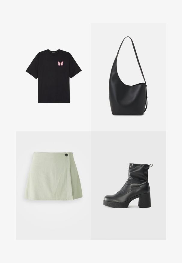 Crna pamučna majica s kratkim rukavima, s malim grafičkim prikazom ružičaste vjetricaste s desne strane na prsima. Dizajn s okruglim izrezom i opuštenim krojem.; Svijetlozelena suknja opuštenog kroja, s bočnim zatvaranjem na gumbe i glatkom teksturom. Rub je blago zakrivljen, što poboljšava siluetu.; Crne gležnjače od glatke kože, s bočnim zatvaračem, debelim teksturiranim potplatom i dizajnom s zaobljenim prstima.; Crna kožna hobo torba s glatkom teksturom, zakrivljenim oblikom i jednom podesivom trakicom; ima širok otvor na vrhu.