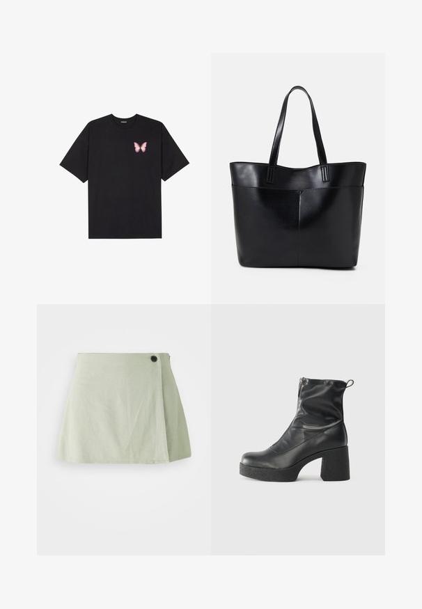 Czarny bawełniany t-shirt z krótkim rękawem, z małym różowym motylkiem na lewej piersi. Klasyczny dekolt z luźnym fasonem.; Jasnozielona spódnica o luźnym kroju, z bocznym zapięciem na guziki i gładką teksturą. Dół jest lekko zaokrąglony, co podkreśla sylwetkę.; Czarne botki za kostkę wykonane z gładkiej skóry, wyposażone w boczny zamek błyskawiczny, masywny teksturowany obcas oraz zaokrąglony czubek.; Czarna skórzana torba na ramię z dwoma długimi uchwytami, gładką teksturą i sztywną formą. Posiada przednią kieszeń dla dodatkowego przechowywania.