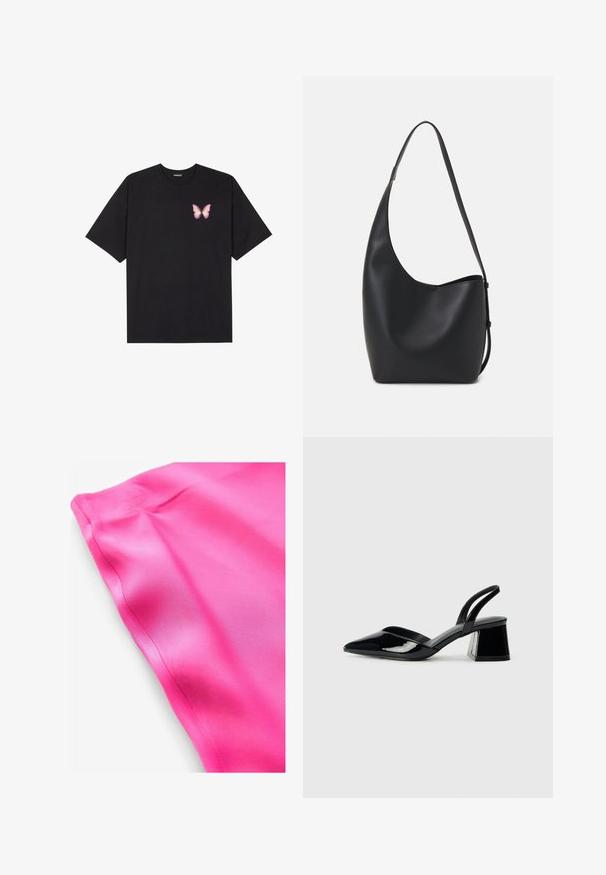 Črna bombažna majica s kratkimi rokavi, ki ima majhen roza metuljček na levi strani prsnega dela. Majica s krožnim ovratnikom in sproščenim krojem.; Svetlo roza satenska tkanina z gladko teksturo, ki ima čist rob in subtilen sijaj. Brez vzorcev ali dodatnih podrobnosti.; Črne lakirane slingback pete s koničastim nosom in geometrijsko blokasto peto. Imajo eleganten, minimalističen dizajn in gladko teksturo.; Črna usnjena hobo torba z gladko teksturo, ukrivljeno obliko in eno nastavljivo naramnico; ima širok odprtina na vrhu.