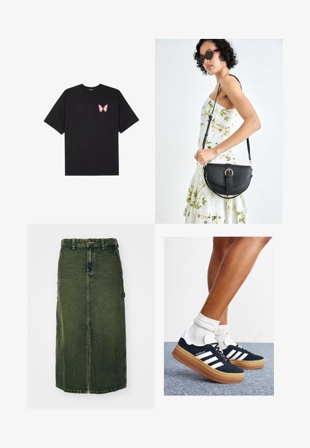 Fekete pamut póló rövid ujjakkal, bal mellkason egy kis rózsaszín pillangó grafikával. Kerek nyakú kialakítás, laza fazonnal.; Zöld farmer szoknya, közepes hosszúsággal, elülső hasítékkal, gombos zárással és övhurkokkal. Szövetének valamennyire elhalványult a textúrája, oldalsó zsebekkel.; Fekete velúr sportcipő fehér csíkokkal és díszítésekkel, lekerekített orral, gumitalpú külső résszel, fehér bordázott bokazoknival párosítva.; Fekete bőrtáska ívelt formával, levehető pánttal és arany színű fémrészekkel. A táskán egy csattal díszített fedél található.; Aranyszínű fülbevalók, texturált, hullámos formákkal. Tartalmazza a szobrászati klipszes studokat és az open hoop kialakítást, kalapácsos felülettel.