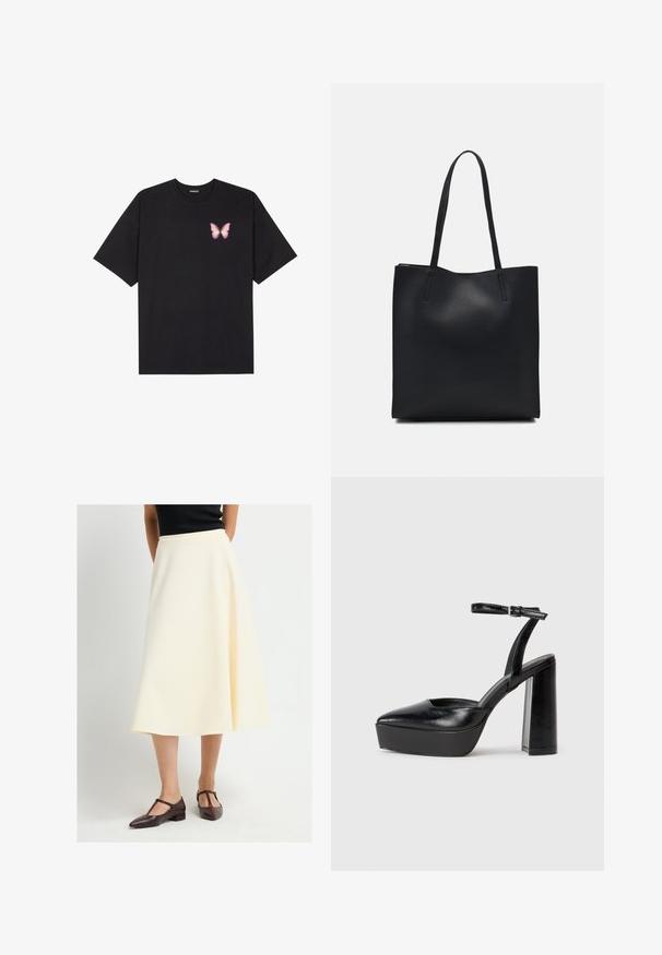 Black cotton t-shirt with short sleeves, featuring a small pink butterfly graphic on the left chest. Crew neck design with a relaxed fit.; Woman wearing a cream-colored midi skirt paired with dark brown T-strap low heel shoes, standing against a plain white background.; Black platform heels with a pointed toe and adjustable ankle strap. Constructed from smooth leather, featuring a chunky block heel.; Black leather tote bag with smooth texture, rectangular shape, and two long handles. No visible hardware or embellishments.