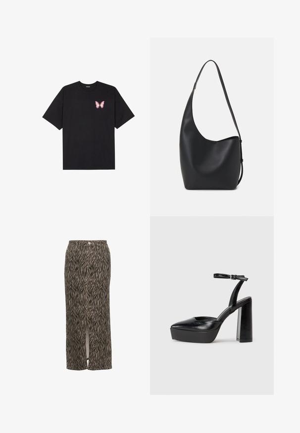 Fekete pamut póló rövid ujjakkal, bal mellkason egy kis rózsaszín pillangó grafikával. Kerek nyakú kialakítás, laza fazonnal.; Kaffe LEONDRA - Maxi szoknya - feather gray black animal; Fekete platform magassarkú cipők hegyes orral és állítható bokapánttal. Sima bőrből készült, vastag talppal.; Fekete bőr hobo táska sima textúrával, ívelt formával és egyetlen állítható pánttal; széles nyílás található a tetején.