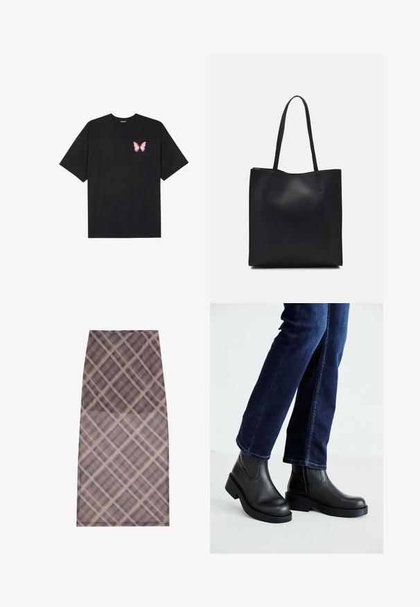 T-shirt de algodão preto com mangas curtas, apresentando um pequeno gráfico de borboleta rosa no lado esquerdo do peito. Design de gola redonda com um corte solto.; Uma saia até ao joelho feita de um tecido leve e transparente com um padrão xadrez em tons de castanho e creme, com uma textura suave e bordas limpas.; Botas de tornozelo de couro preto com sola grossa e painéis elásticos laterais, combinadas com jeans azul escuro. O chão é de cor clara.; Bolsa tote preta em couro com textura lisa, forma retangular e duas alças longas. Sem hardware ou enfeites visíveis.