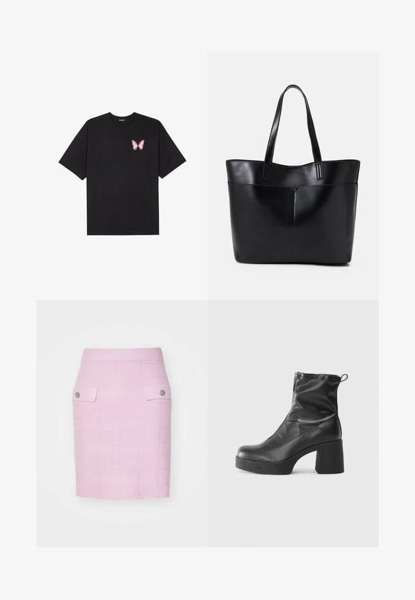 Schwarzes Baumwoll-T-Shirt mit kurzen Ärmeln, das ein kleines pinkes Schmetterlingsmotiv auf der linken Brust zeigt. Crewneck-Design mit einem entspannten Schnitt.; Hellrosa, strukturierter knielanger Rock mit einem Karomuster, der zwei Vorderaschen und dekorative Knöpfe an jeder Tasche hat.; Schwarze Stiefeletten aus glattem Leder mit seitlichem Reißverschluss, klobigem strukturiertem Absatz und runder Zehenform.; Schwarze Leder-Shopper-Tasche mit zwei langen Griffen, einer glatten Textur und einer strukturierten Form. Verfügt über eine Vordertasche für zusätzlichen Stauraum.