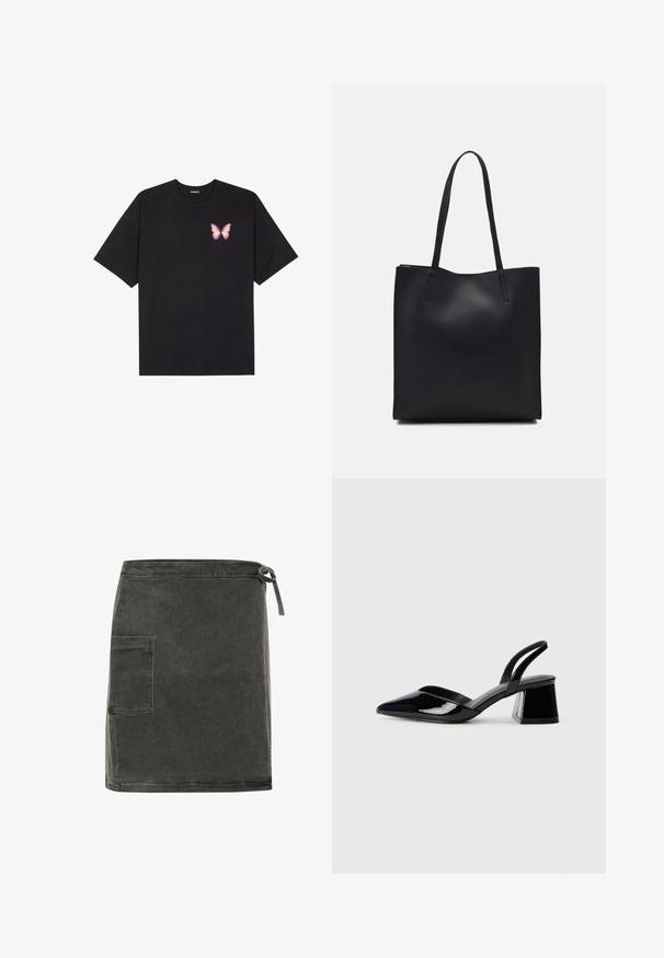 Čierne bavlnené tričko s krátkymi rukávmi, s malým ružovým motýlikom na ľavej hrudi. Design s okrúhlym výstrihom a uvoľneným strihom.; Sivá rifľová sukňa so strihom do rovna, bočnou vreckom a nastaviteľným viazaním v páse. Má jemnú textúru a minimalistický dizajn.; Čierne lakované kožené sandálové podpätky s špicatou špičkou a geometrickým blokovým podpätkom. Disponujú elegantným, minimalistickým dizajnom a hladkým povrchom.; Čierna kožená taška na rameno s hladkým povrchom, obdĺžnikovým tvarom a dvoma dlhými uchami. Bez viditeľného kovania alebo ozdôb.