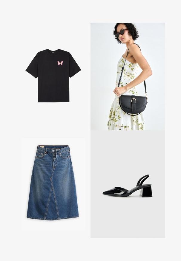 Černé bavlněné tričko s krátkým rukávem, na levém prsou s malou grafikou růžové motýlky. Design s kruhovým výstřihem a volným střihem.; Denimová sukně ve středně modré barvě s A-čkovým střihem, předním rozparkem, pěti kapsami a knopovým zapínáním v pase.; Černé lakované kožené lodičky na pásku s špičatou špičkou a geometrickým blokovým podpatkem. Vyznačují se elegantním, minimalistickým designem a hladkým povrchem.; Černá kožená kabelka s křivkovým tvarem, odnímatelným popruhem a zlatými detaily. Kabelka má klopu s přezkou.