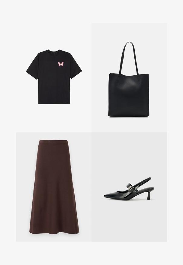 Black cotton t-shirt with short sleeves, featuring a small pink butterfly graphic on the left chest. Crew neck design with a relaxed fit.; Brown A-line skirt made of smooth fabric, featuring a fitted waist and flared hem, with no visible patterns or embellishments.; Black patent leather slingback heels with a pointed toe and a small block heel, featuring a silver buckle accent on the strap.; Black leather tote bag with smooth texture, rectangular shape, and two long handles. No visible hardware or embellishments.