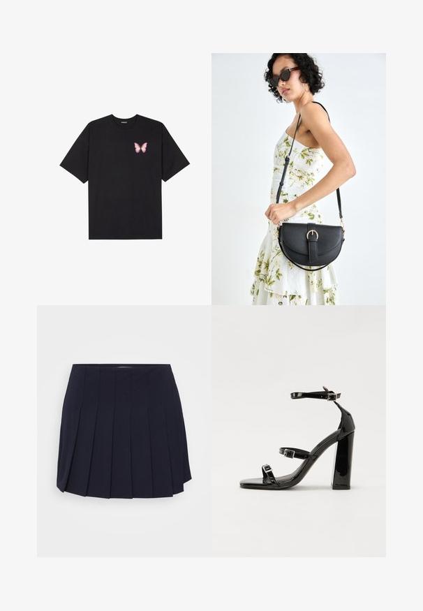 Camiseta de algodón negra de manga corta, con un pequeño gráfico de mariposa rosa en el lado izquierdo del pecho. Diseño de cuello redondo con un corte relajado.; Falda plisada navy hecha de una tela suave. Presenta una cinturilla y pliegues verticales distintos, que ofrecen una silueta estructurada.; Sandalias de tacón de charol negro con punta cuadrada, correas en el tobillo y hebillas plateadas. Presentan un tacón grueso para mayor estabilidad.; Bolso de piel negra con forma curva, correa desmontable y herrajes dorados. El bolso cuenta con una solapa con un detalle de hebilla.
