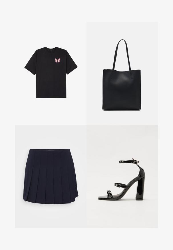 T-shirt en coton noir à manches courtes, avec un petit graphique de papillon rose sur la poitrine gauche. Modèle à col rond avec une coupe décontractée.; Jupe plissée navy en tissu lisse. Dotée d'une ceinture et de plis verticaux distincts, offrant une silhouette structurée.; Sandales à talons vernies noires avec un bout carré, des sangles autour de la cheville et des boucles en argent. Dotées d'un talon bloc épais pour plus de stabilité.; Sac fourre-tout en cuir noir avec une texture lisse, de forme rectangulaire et deux longues poignées. Pas de matériel ou d'ornementations visibles.