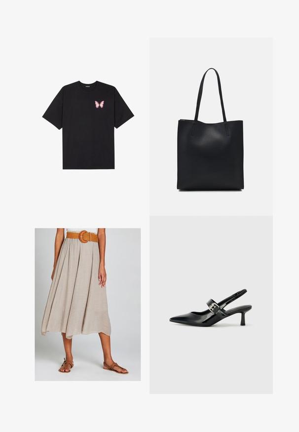 T-shirt en coton noir à manches courtes, avec un petit graphique de papillon rose sur la poitrine gauche. Modèle à col rond avec une coupe décontractée.; Jupe midi beige en A en tissu texturé, dotée d'une ceinture orange tressée avec une boucle circulaire, associée à des sandales plates marron.; Escarpins slingback en cuir verni noir avec un bout pointu et un petit talon bloc, mettant en avant un accent en boucle argentée sur la sangle.; Sac fourre-tout en cuir noir avec une texture lisse, de forme rectangulaire et deux longues poignées. Pas de matériel ou d'ornementations visibles.