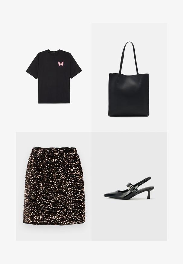 Melna kokvilnas T-krekls ar īsām piedurknēm, kuram priekšā kreisajā pusē ir neliels rozā tauriņa grafiskais attēls. Ar apaļu kaklu un brīvā stila piegriezumu.; Melnas svārkas, kas pārklātas ar mirdzošiem spīguļiem, ar elastīgu jostu un strukturētu virsmu, atspoguļojot gaismu ar spīdīgu apdari.; Melnas lakotas ādas sūkņa kurpes ar norādītu purngali un mazu bloku papēdi, ar sudraba sprādzi akcentā uz jostas.; Melnas ādas somiņa ar gludu tekstūru, taisnstūra formu un divām garām rokturiem. Nav redzamu aparatūras vai rotājumu.