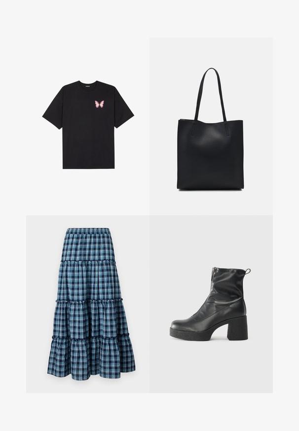 Black cotton t-shirt with short sleeves, featuring a small pink butterfly graphic on the left chest. Crew neck design with a relaxed fit.; Blue and white plaid tiered skirt with an elastic waistband, featuring ruffled layers and a flowing silhouette. Soft cotton material.; Black ankle boots made of smooth leather, featuring a side zipper, chunky textured heel, and rounded toe design.; Black leather tote bag with smooth texture, rectangular shape, and two long handles. No visible hardware or embellishments.