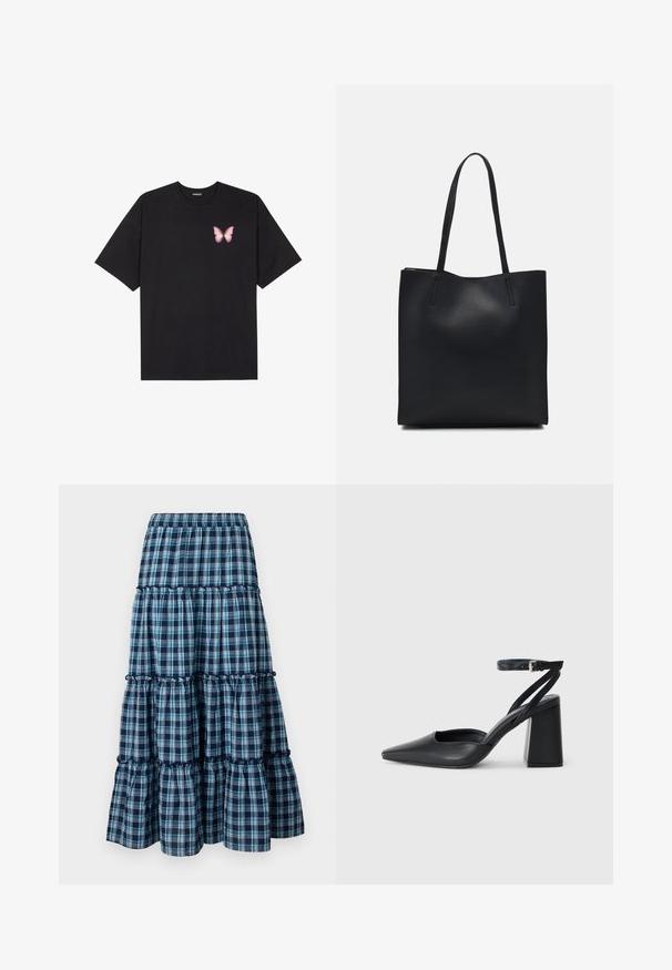 Juodas medvilnės marškinėliai trumpomis rankovėmis, su maža rožine drugelio grafika kairėje krūtinės pusėje. Apvalus kaklo iškirpimas, laisvas kirpimas.; Mėlyna ir balta languota sluoksniuota sijonė su elastinga juosta, turinti raukiniais dekoruotas sluoksnius ir laisvinančią siluetą. Minkšta medvilninė medžiaga.; Juoda odinė smailiagalė aukštakulnio bateliai su kulkšnies dirželiu ir storu kulnu. Lygus paviršius, elegantiškas dizainas ir minimalistiška estetinė. ; Juodas odinis tote krepšys su lygia tekstūra, stačiakampio formos ir dviem ilgais rankenomis. Matomų metalinių detalių ar puošybos nėra.