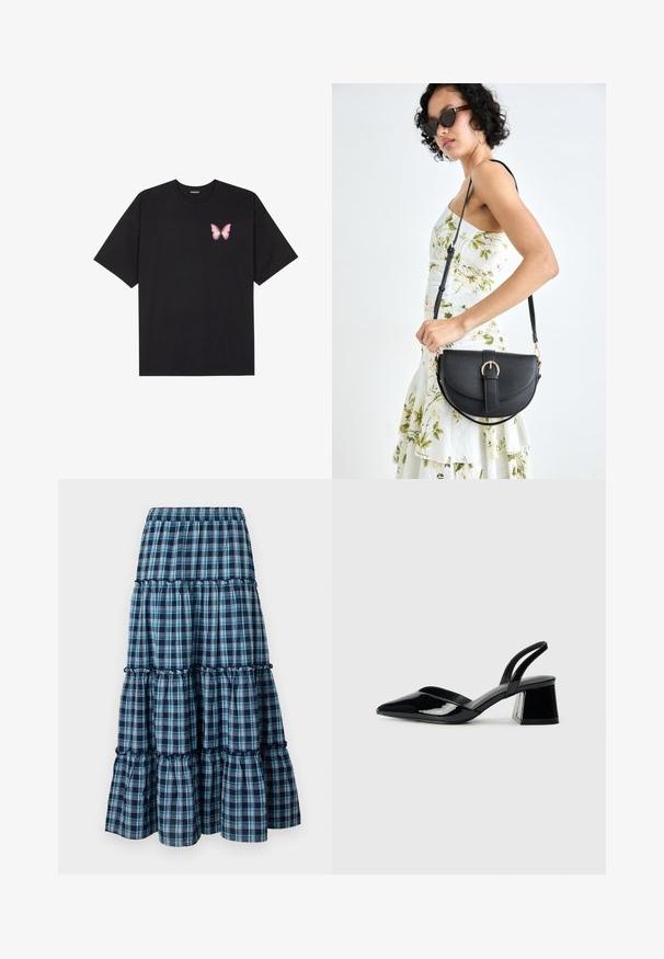 Must muströöpidega must puuvillane T-särk, vasakul rinnal on väike roosa liblikas. Ümar kaelus ja vabalt istuv lõige.; Sinine ja valge ruuduline kihiline seelik, millel on elastne vöökoht, rüselustega kihid ja voolav siluett. Pehme puuvillane materjal.; Mustad musta lakknahk kingad, millel on terav varvas ja geomeetriline plokkkonts. Omab elegantselt minimalistlikku disaini ja sujuvat tekstuuri.; Mustmust mustraha kõverate joontega, eemaldatava rihmaga ja kuldsete detailidega. Kotil on klapp, millel on pandladetail.