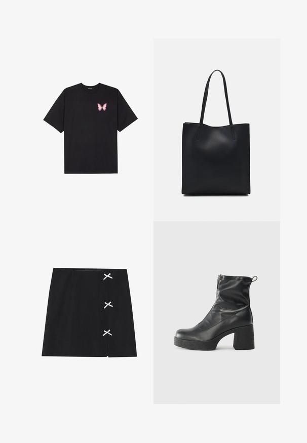 Camiseta de algodón negra de manga corta, con un pequeño gráfico de mariposa rosa en el lado izquierdo del pecho. Diseño de cuello redondo con un corte relajado.; Minifalda negra con una textura suave, que presenta cintas blancas cruzadas en el lado izquierdo. Diseño sencillo con corte recto.; Botines negros de tobillo, hechos de cuero suave, con cierre lateral, tacón grueso texturizado y diseño de punta redondeada.; Bolso tote de cuero negro con textura lisa, forma rectangular y dos asas largas. Sin herrajes ni adornos visibles.