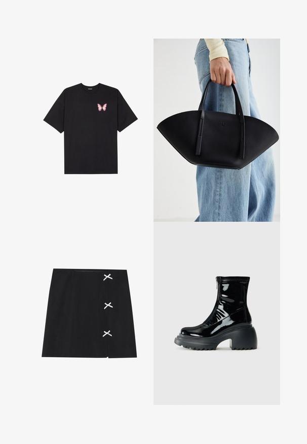 Black cotton t-shirt with short sleeves, featuring a small pink butterfly graphic on the left chest. Crew neck design with a relaxed fit.; Black mini skirt with a smooth texture, featuring white crossed ribbons on the left side. Simple design with a straight cut.; Glossy black platform ankle boot with rounded toe, chunky heel, zipper closure, and thick ridged sole against a white background.; Black leather handbag with a unique fan shape, featuring flat handles. The surface has a pebbled texture and a minimalistic design.