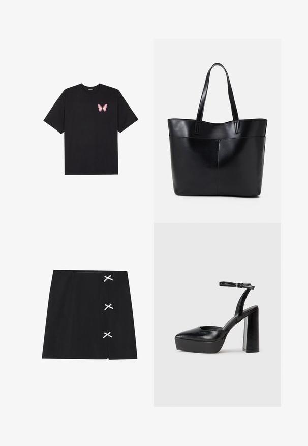 Tricou negru din bumbac cu mâneci scurte, având pe partea stângă a pieptului un mic grafic cu un fluture roz. Design cu guler rotund și croială lejeră.; Fustă mini neagră cu o textură netedă, având panglici albe încrucișate pe partea stângă. Design simplu cu o croială dreaptă.; Pantofi cu toc platformă negri, cu vârful ascuțit și curea reglabilă la gleznă. Confecționați din piele netedă, având un toc gros.; Geantă oversized din piele neagră, cu două mânere lungi, de textură netedă și formă structurată. Are un buzunar frontal pentru stocare suplimentară.