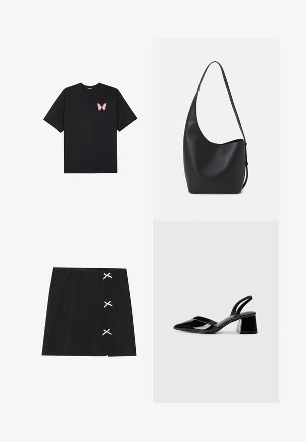 Czarny bawełniany t-shirt z krótkim rękawem, z małym różowym motylkiem na lewej piersi. Klasyczny dekolt z luźnym fasonem.; Czarna mini spódnica o gładkiej fakturze, z białymi skrzyżowanymi wstążkami po lewej stronie. Prosty krój z prostym fasonem.; Czarne lakierowane półbuty na obcasie z wydłużonym noskiem i geometrycznym słupkiem. Charakteryzują się eleganckim, minimalistycznym designem oraz gładką fakturą.; Czarna skórzana torba hobo o gładkiej fakturze, zaokrąglonym kształcie i pojedynczym, regulowanym pasku; posiada szerokie otwarcie na górze.