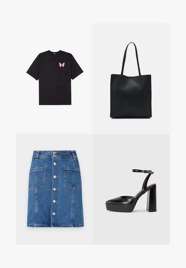 T-shirt en coton noir à manches courtes, avec un petit graphique de papillon rose sur la poitrine gauche. Modèle à col rond avec une coupe décontractée.; Jupe en denim avec une taille ajustée, en forme de A, et une fermeture à boutons sur le devant. Présente deux grandes poches, dans un délavage bleu moyen avec un léger effet de décoloration.; Escarpins noirs à plateforme avec un bout pointu et une sangle réglable à la cheville. Conçus en cuir lisse, avec un large talon bloc.; Sac fourre-tout en cuir noir avec une texture lisse, de forme rectangulaire et deux longues poignées. Pas de matériel ou d'ornementations visibles.