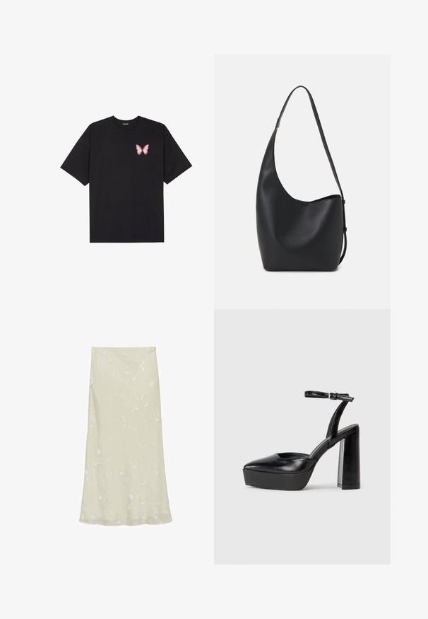 Camiseta de algodón negra de manga corta, con un pequeño gráfico de mariposa rosa en el lado izquierdo del pecho. Diseño de cuello redondo con un corte relajado.; Falda midi verde claro hecha de tela transparente, con delicados bordados florales blancos y una silueta en A fluida.; Zapatos de tacón negro con punta afilada y correa ajustable en el tobillo. Confeccionados en cuero suave, presentan un tacón grueso.; Bolso tipo hobo de cuero negro con una textura suave, forma curvada y una sola correa ajustable; presenta una amplia apertura en la parte superior.