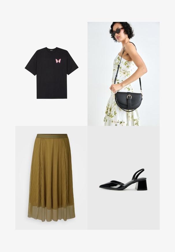 Fekete pamut póló rövid ujjakkal, bal mellkason egy kis rózsaszín pillangó grafikával. Kerek nyakú kialakítás, laza fazonnal.; Ráncolt olajzöld szoknya szilárd derékrésszel és áttetsző alsó résszel. Az egész hosszában függőleges ráncokkal rendelkezik.; Fekete lakk bőr szandálkés magas sarkú cipő, hegyes orral és geometrikus tömbsarkakkal. Karcsú, minimalista dizájn és sima textúra jellemzi.; Fekete bőrtáska ívelt formával, levehető pánttal és arany színű fémrészekkel. A táskán egy csattal díszített fedél található.