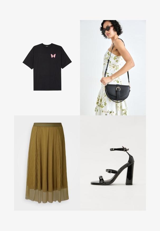 T-shirt de algodão preto com mangas curtas, apresentando um pequeno gráfico de borboleta rosa no lado esquerdo do peito. Design de gola redonda com um corte solto.; Saia plissada verde-azeitona com uma cintura sólida e uma camada inferior translúcida. Apresenta pregas verticais por toda a sua extensão.; Sandálias de tacão preto laqueadas com bico quadrado, tiras para o tornozelo e fivelas prateadas. Apresentam um salto bloco chunky para estabilidade.; Bolsa de couro preta com forma curva, alça destacável e detalhes em dourado. A bolsa possui uma aba com detalhe de fivela.; Os brincos em forma de coração prateados apresentam pedras claras facetadas, com uma moldura texturizada. O conjunto inclui estilos de botão e de gota.