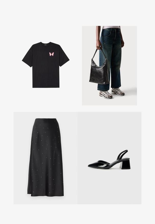 Fekete pamut póló rövid ujjakkal, bal mellkason egy kis rózsaszín pillangó grafikával. Kerek nyakú kialakítás, laza fazonnal.; YAS YASPELLA RHINESTONE MIDI SKIRT - A-vonalú szoknya - black; Fekete lakk bőr szandálkés magas sarkú cipő, hegyes orral és geometrikus tömbsarkakkal. Karcsú, minimalista dizájn és sima textúra jellemzi.; Fekete bőr válltáska sima textúrával és állítható pánttal, melyet elnyűtt, bő szárú farmernadrággal és sportcipőkkel párosítottak.