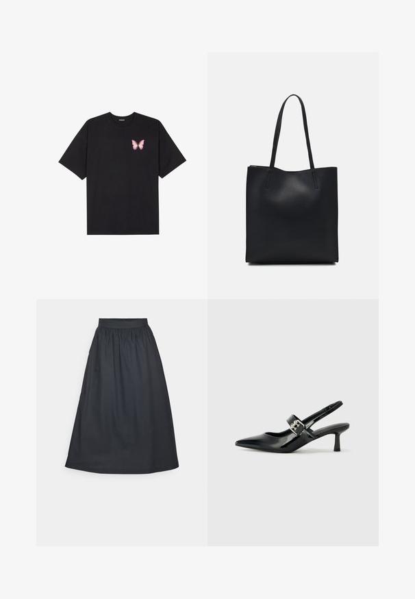 Svart bomulls T-skjorte med korte ermer, med en liten rosa sommerfugl grafikk på venstre bryst. Crew-neck design med en avslappet passform.; Svart midi-skjørt med elastisk midjebånd, laget av lett stoff, med rynket design og glatt tekstur.; Svarte patent lær slingback hæler med spiss tå og en liten blokkheel, med en sølvspenne som detalj på stroppen.; Svart lær tote bag med glatt tekstur, rektangulær form og to lange håndtak. Ingen synlige deler eller dekorasjoner.