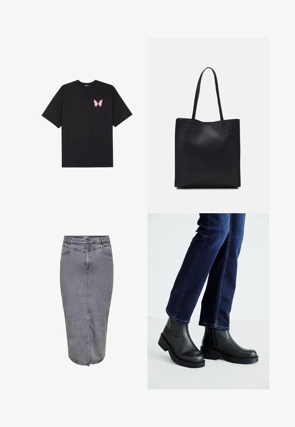 Fekete pamut póló rövid ujjakkal, bal mellkason egy kis rózsaszín pillangó grafikával. Kerek nyakú kialakítás, laza fazonnal.; Szürke farmer szoknya egyenes fazonnal, térd hosszúságú, elülső hasítékkal és öt zsebes stílussal. Gombos és cipzáras záródás a deréknál.; Fekete bőr bokacsizma vastag talppal és oldalán elnyújtott elasztikus betétekkel, sötétkék farmerral párosítva. A talaj világos színű.; Fekete bőrtáska sima felszínnel, téglalap alakú, két hosszú füllel. Nincs látható fémkiegészítő vagy díszítés.