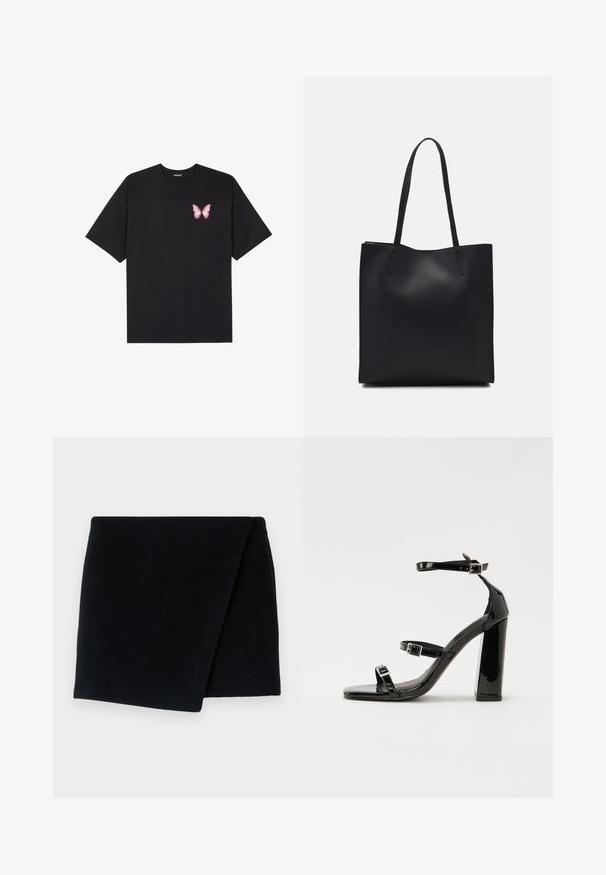 T-shirt en coton noir à manches courtes, avec un petit graphique de papillon rose sur la poitrine gauche. Modèle à col rond avec une coupe décontractée.; Écharpe en laine noire, forme rectangulaire, texture douce, pliée avec des bords nets, design minimal, adaptée pour garder au chaud et pour les superpositions.; Sandales à talons vernies noires avec un bout carré, des sangles autour de la cheville et des boucles en argent. Dotées d'un talon bloc épais pour plus de stabilité.; Sac fourre-tout en cuir noir avec une texture lisse, de forme rectangulaire et deux longues poignées. Pas de matériel ou d'ornementations visibles.