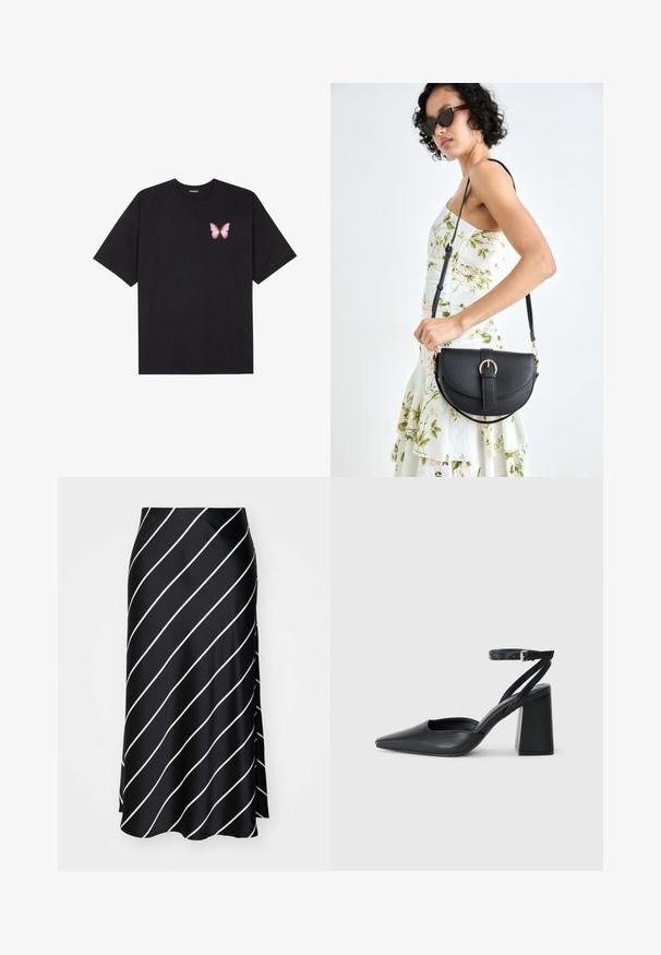 Svart bomulls T-skjorte med korte ermer, med en liten rosa sommerfugl grafikk på venstre bryst. Crew-neck design med en avslappet passform.; Svart satengskjørt med diagonale hvite striper, med en sideslitt og en glatt tekstur, designet for flytende bevegelse.; Svart lær pumps med spiss tå, ankelrem og kraftig hæl. Flat tekstur, strømlinjeformet design og minimalisme.; Svart lærveske med en buet form, avtagbar stropp og gullbeslag. Vesken har et klaff med spenne-detall.