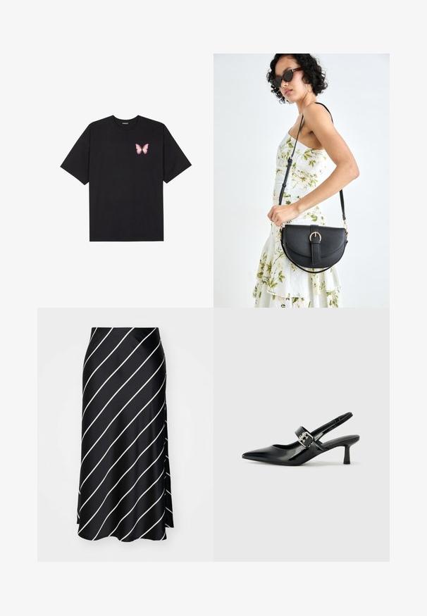 Black cotton t-shirt with short sleeves, featuring a small pink butterfly graphic on the left chest. Crew neck design with a relaxed fit.; Black satin skirt with diagonal white stripes, featuring a side slit and a smooth texture, designed for fluid movement.; Black patent leather slingback heels with a pointed toe and a small block heel, featuring a silver buckle accent on the strap.; Black leather handbag with a curved shape, detachable strap, and gold hardware. The bag features a flap with a buckle detail.