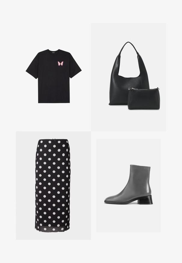 T-shirt de algodão preto com mangas curtas, apresentando um pequeno gráfico de borboleta rosa no lado esquerdo do peito. Design de gola redonda com um corte solto.; Saia midi preta com padrão de bolinhas feita de um tecido leve, com padrões circulares brancos, apresentando uma cintura ajustada e uma borda suavemente recortada.; Bota de tornozelo em couro cinza com bico arredondado e um tacão preto curto e empilhado. Textura lisa com detalhes mínimos.; Even&Odd Mala de mão - black