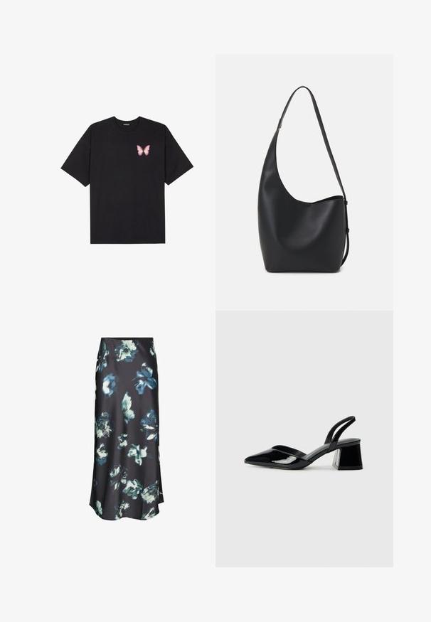 Černé bavlněné tričko s krátkým rukávem, na levém prsou s malou grafikou růžové motýlky. Design s kruhovým výstřihem a volným střihem.; Tmavá midi sukně s abstraktními modrými a bílými květinovými vzory, hladký materiál a mírné rozšíření na spodním okraji.; Černé lakované kožené lodičky na pásku s špičatou špičkou a geometrickým blokovým podpatkem. Vyznačují se elegantním, minimalistickým designem a hladkým povrchem.; Černá kožená hobo taška s hladkým povrchem, zakřiveným tvarem a jedním nastavitelným popruhem; má široké otevírání nahoře.