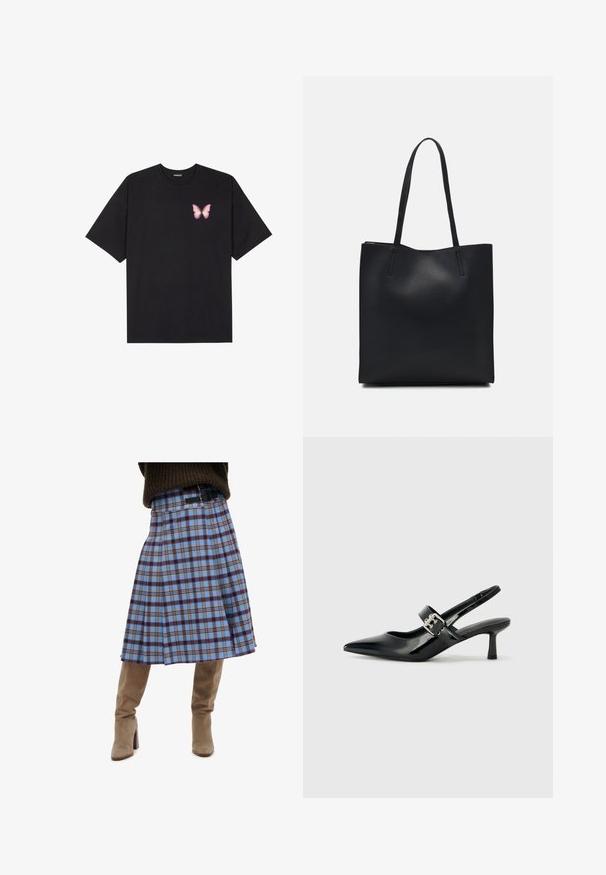 T-shirt en coton noir à manches courtes, avec un petit graphique de papillon rose sur la poitrine gauche. Modèle à col rond avec une coupe décontractée.; Jupe à carreaux gris-bleu au design plissé, avec des accents marron foncé et jaune, associée à des bottes en suède beige montantes.; Escarpins slingback en cuir verni noir avec un bout pointu et un petit talon bloc, mettant en avant un accent en boucle argentée sur la sangle.; Sac fourre-tout en cuir noir avec une texture lisse, de forme rectangulaire et deux longues poignées. Pas de matériel ou d'ornementations visibles.