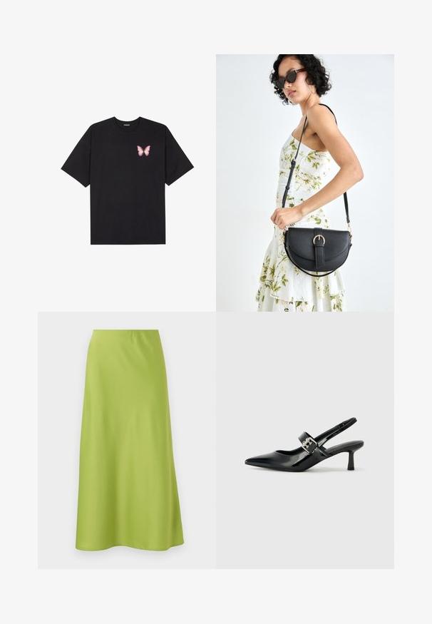 Crna pamučna majica s kratkim rukavima, s malim grafičkim prikazom ružičaste vjetricaste s desne strane na prsima. Dizajn s okruglim izrezom i opuštenim krojem.; Srednje dugačka suknja od glatkog, vibrantnog limeta zelene tkanine. Ima jednostavan, krojen dizajn s elastičnom waistband i lepršavim siluetom.; Crne lakirane slingback potpetice s oštrim prstom i malom blok petom, s naglaskom na srebrnoj kopči na remenu.; Crna kožna torba s lukovitim oblikom, odvojivim remenom i zlatnim detaljima. Torba ima preklop s kopčom.