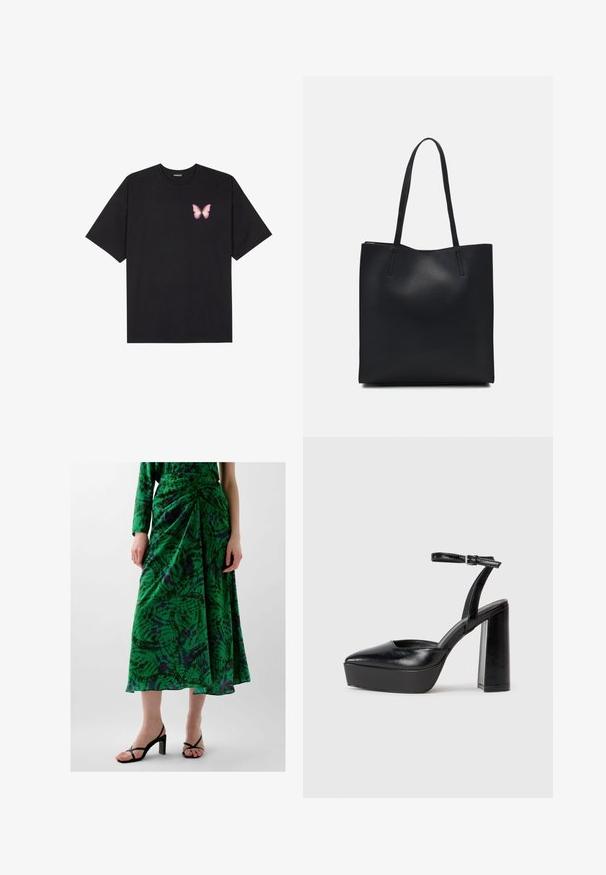 Tricou negru din bumbac cu mâneci scurte, având pe partea stângă a pieptului un mic grafic cu un fluture roz. Design cu guler rotund și croială lejeră.; Fustă verde cu un model abstract și un design plisat, realizată dintr-un material ușor. Prezintă accente de culoare mov și negru. Este purtată cu sandale negre cu toc.; Pantofi cu toc platformă negri, cu vârful ascuțit și curea reglabilă la gleznă. Confecționați din piele netedă, având un toc gros.; Geantă tote neagră din piele, cu textură netedă, formă rectangulară și două mânere lungi. Fără hardware vizibil sau ornamente.