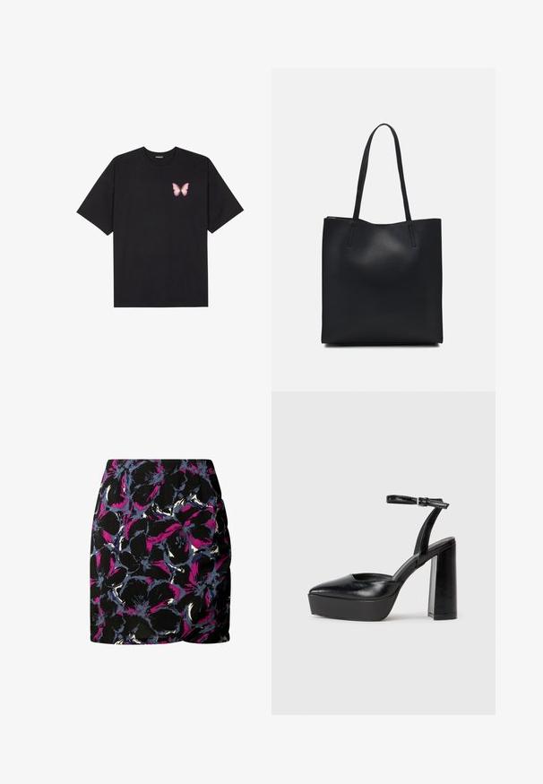Camiseta de algodón negra de manga corta, con un pequeño gráfico de mariposa rosa en el lado izquierdo del pecho. Diseño de cuello redondo con un corte relajado.; Falda negra con un patrón floral en púrpura, azul y blanco. El diseño cuenta con un detalle fruncido en el lado y un logo en el dobladillo.; Zapatos de tacón negro con punta afilada y correa ajustable en el tobillo. Confeccionados en cuero suave, presentan un tacón grueso.; Bolso tote de cuero negro con textura lisa, forma rectangular y dos asas largas. Sin herrajes ni adornos visibles.