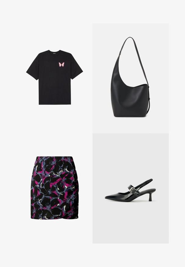 Crna pamučna majica s kratkim rukavima, s malim grafičkim prikazom ružičaste vjetricaste s desne strane na prsima. Dizajn s okruglim izrezom i opuštenim krojem.; Crna suknja s cvjetnim uzorkom u ljubičastim, plavim i bijelim bojama. Izrađena od lagane tkanine s prilagođenim krojem i naboranim detaljima.; Crne lakirane slingback potpetice s oštrim prstom i malom blok petom, s naglaskom na srebrnoj kopči na remenu.; Crna kožna hobo torba s glatkom teksturom, zakrivljenim oblikom i jednom podesivom trakicom; ima širok otvor na vrhu.