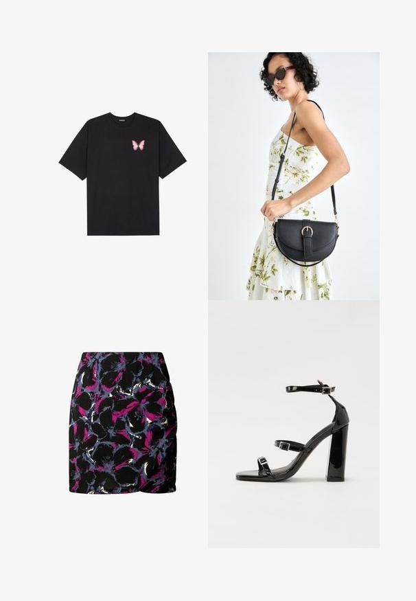 T-shirt en coton noir à manches courtes, avec un petit graphique de papillon rose sur la poitrine gauche. Modèle à col rond avec une coupe décontractée.; Jupe noire avec un motif floral en violet, bleu et blanc. Le design comporte un détail froncé sur le côté et une marque au bas.; Sandales à talons vernies noires avec un bout carré, des sangles autour de la cheville et des boucles en argent. Dotées d'un talon bloc épais pour plus de stabilité.; Sac à main en cuir noir avec une forme courbée, bandoulière amovible et des accessoires en or. Le sac est doté d'un rabat avec un détail de boucle.