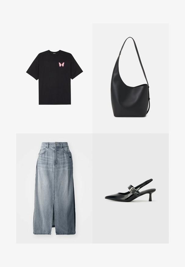 Svart bomulls T-skjorte med korte ermer, med en liten rosa sommerfugl grafikk på venstre bryst. Crew-neck design med en avslappet passform.; Jeanskjørt i lyseblått med en frontspalte, to lommer og detaljert logo. Har høy midje og rett design, laget av slitesterk stoff.; Svarte patent lær slingback hæler med spiss tå og en liten blokkheel, med en sølvspenne som detalj på stroppen.; Svart lær hobo-veske med glatt tekstur, buet form og enkelt justerbart stropp; har en bred åpning på toppen.