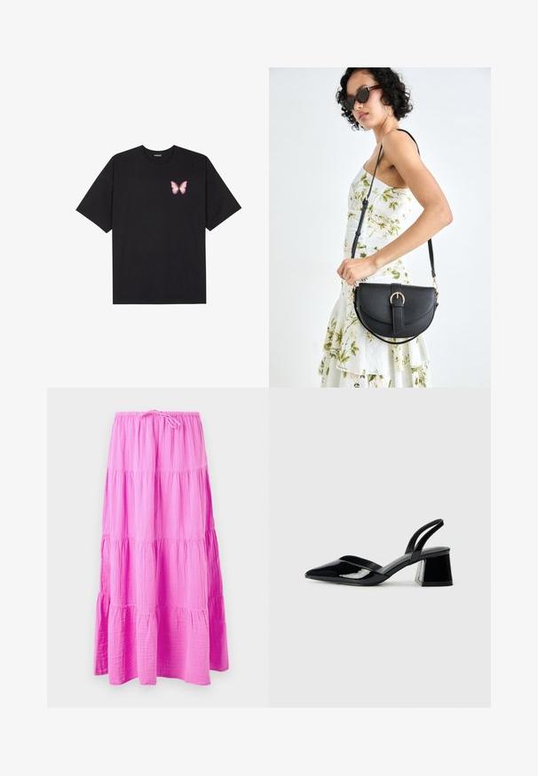 Black cotton t-shirt with short sleeves, featuring a small pink butterfly graphic on the left chest. Crew neck design with a relaxed fit.; Long, tiered skirt in bright pink, made of soft, textured fabric. Features an elastic waistband with a drawstring for adjustable fit.; Black patent leather slingback heels with a pointed toe and a geometric block heel. Features a sleek, minimal design and smooth texture.; Black leather handbag with a curved shape, detachable strap, and gold hardware. The bag features a flap with a buckle detail.
