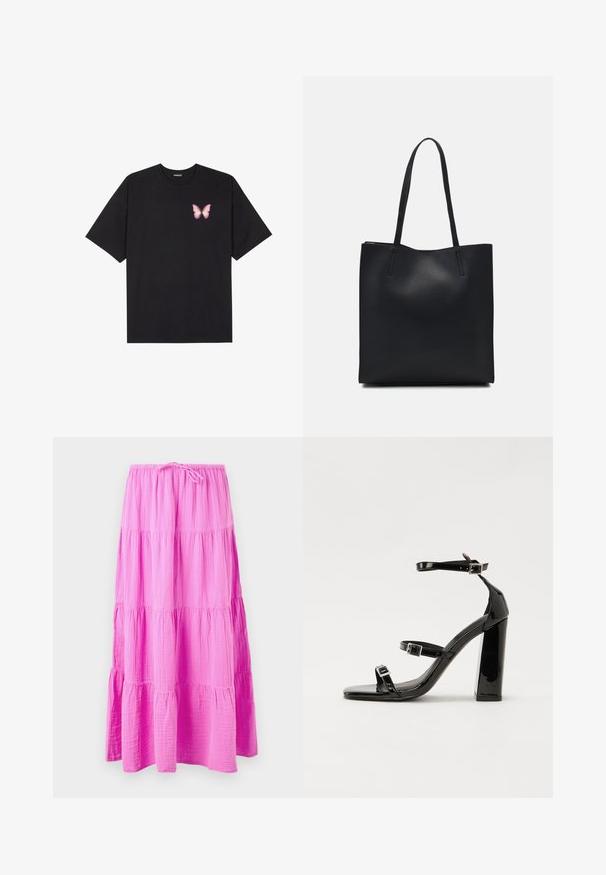 Black cotton t-shirt with short sleeves, featuring a small pink butterfly graphic on the left chest. Crew neck design with a relaxed fit.; Long, tiered skirt in bright pink, made of soft, textured fabric. Features an elastic waistband with a drawstring for adjustable fit.; Black patent heeled sandals with a square toe, ankle straps, and silver buckles. Features a chunky block heel for stability.; Black leather tote bag with smooth texture, rectangular shape, and two long handles. No visible hardware or embellishments.