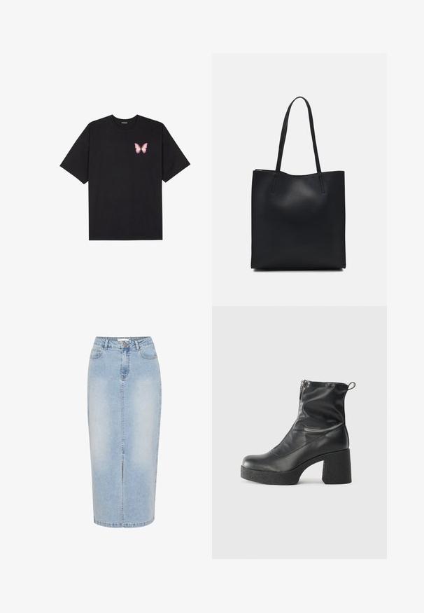 Schwarzes Baumwoll-T-Shirt mit kurzen Ärmeln, das ein kleines pinkes Schmetterlingsmotiv auf der linken Brust zeigt. Crewneck-Design mit einem entspannten Schnitt.; Hellblaues Denim-Midirock mit geradem Schnitt, vorderer Schlitze und sichtbaren Nähten. Mit Knopfverschluss und Gürtelschlaufen.; Schwarze Stiefeletten aus glattem Leder mit seitlichem Reißverschluss, klobigem strukturiertem Absatz und runder Zehenform.; Schwarze Laptoptasche aus Leder mit glatter Textur, rechteckiger Form und zwei langen Griffen. Keine sichtbaren Beschläge oder Verzierungen.