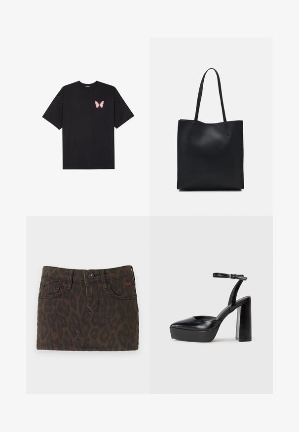 Fekete pamut póló rövid ujjakkal, bal mellkason egy kis rózsaszín pillangó grafikával. Kerek nyakú kialakítás, laza fazonnal.; Rövid, sötétbarna farmer szoknya leopárdmintával, gombos záródással, övbújtatókkal és elülső zsebekkel. Piros logó akcentussal.; Fekete platform magassarkú cipők hegyes orral és állítható bokapánttal. Sima bőrből készült, vastag talppal.; Fekete bőrtáska sima felszínnel, téglalap alakú, két hosszú füllel. Nincs látható fémkiegészítő vagy díszítés.