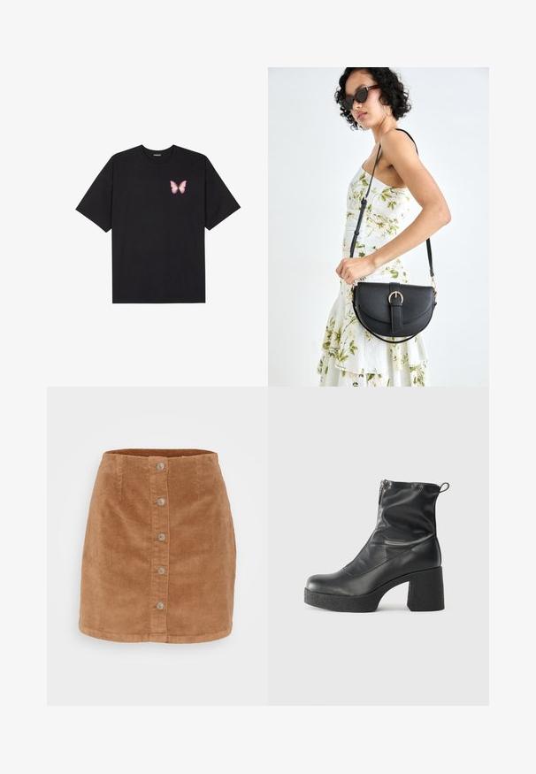 Black cotton t-shirt with short sleeves, featuring a small pink butterfly graphic on the left chest. Crew neck design with a relaxed fit.; Corduroy mini skirt in light brown featuring a button front, seven silver-tone buttons, and a textured, ribbed fabric.; Black ankle boots made of smooth leather, featuring a side zipper, chunky textured heel, and rounded toe design.; Black leather handbag with a curved shape, detachable strap, and gold hardware. The bag features a flap with a buckle detail.