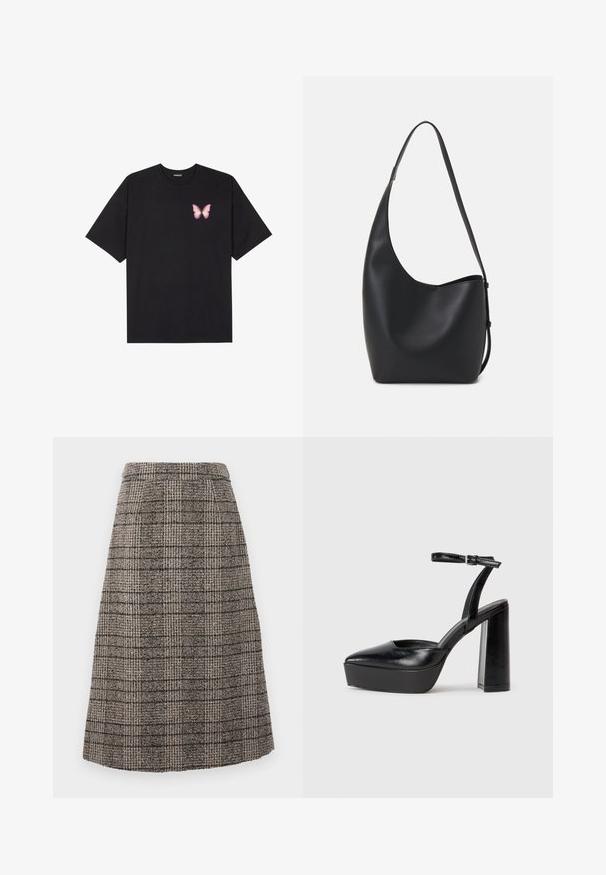 Black cotton t-shirt with short sleeves, featuring a small pink butterfly graphic on the left chest. Crew neck design with a relaxed fit.; Wool blend pencil skirt featuring a brown and gray plaid pattern, structured design, and a clean finish at the hem.; Black platform heels with a pointed toe and adjustable ankle strap. Constructed from smooth leather, featuring a chunky block heel.; Black leather hobo bag with a smooth texture, curved shape, and single adjustable strap; features a wide opening at the top.
